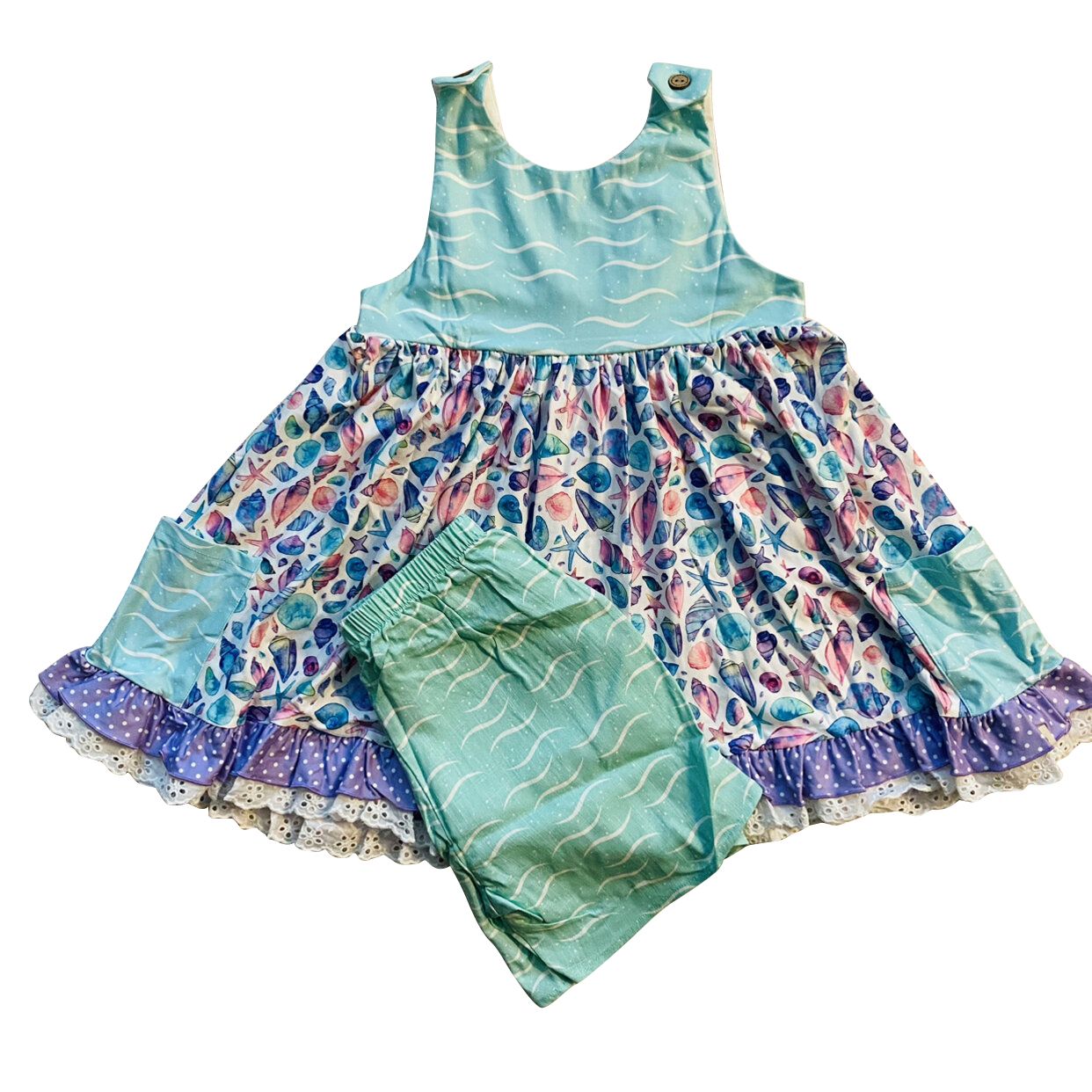 GSSO0404 Starfish shell wavy line pocket lace sleeveless shorts set