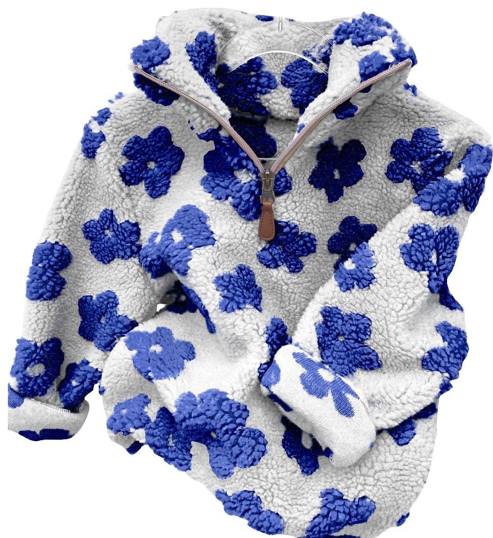 BLUE Flower White Zip Long Sleeve Top
