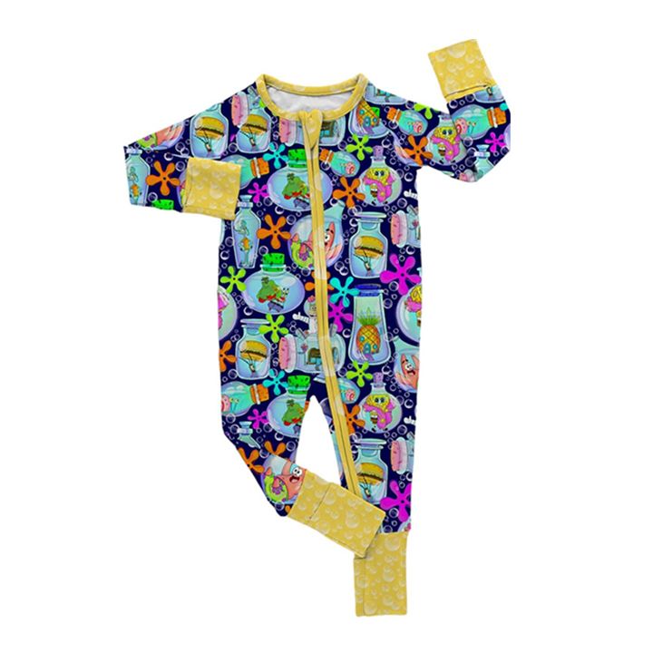 MOQ 3 Spongebob Bottle Navy Blue Yellow Zipper Long Sleeve Jumpsuit