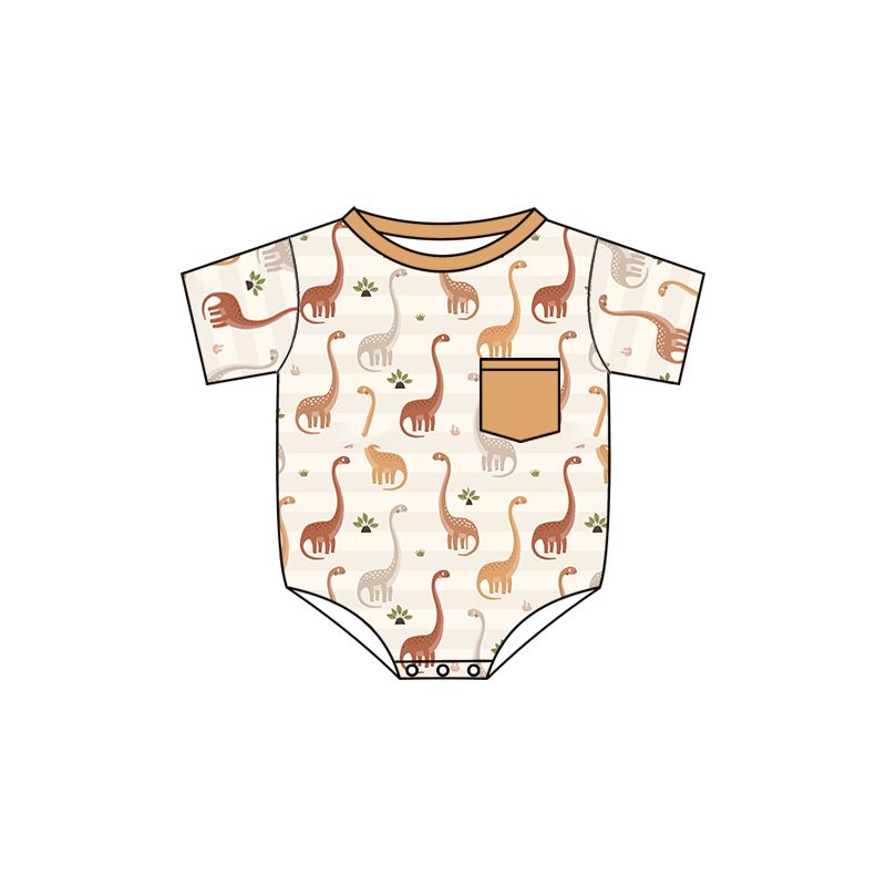 SR0833 Dinosaur Brown Pocket Short Sleeve Jumpsuit