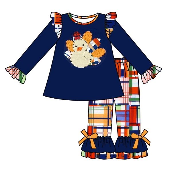 Turkey plaid lace bow navy blue long-sleeved trouser suit