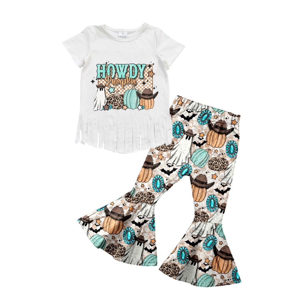 howdy pumpkin ghost white tassel short sleeve pantsuit