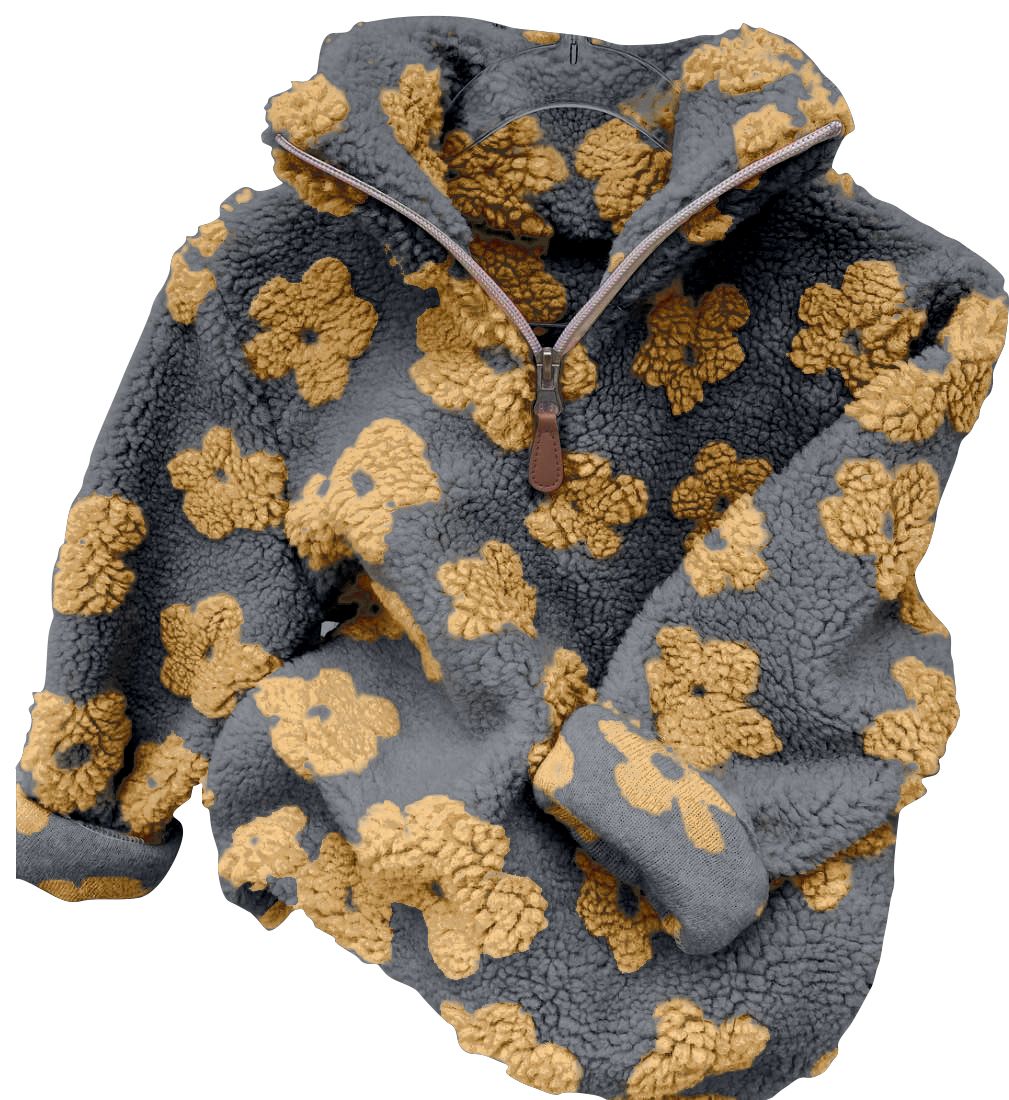 Yellow Floral Gray Zipper Long Sleeve Top