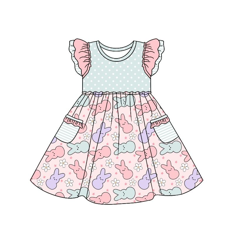 GSD0637 Rabbit pocket pink flying sleeve dress