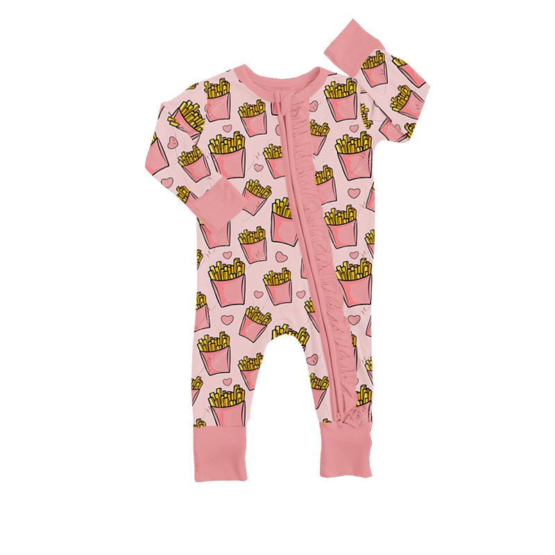 LR0820 French fries heart pink lace zipper long sleeve jumpsuit