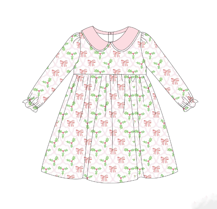 White long-sleeved dress with bow geometric pattern and pink collar