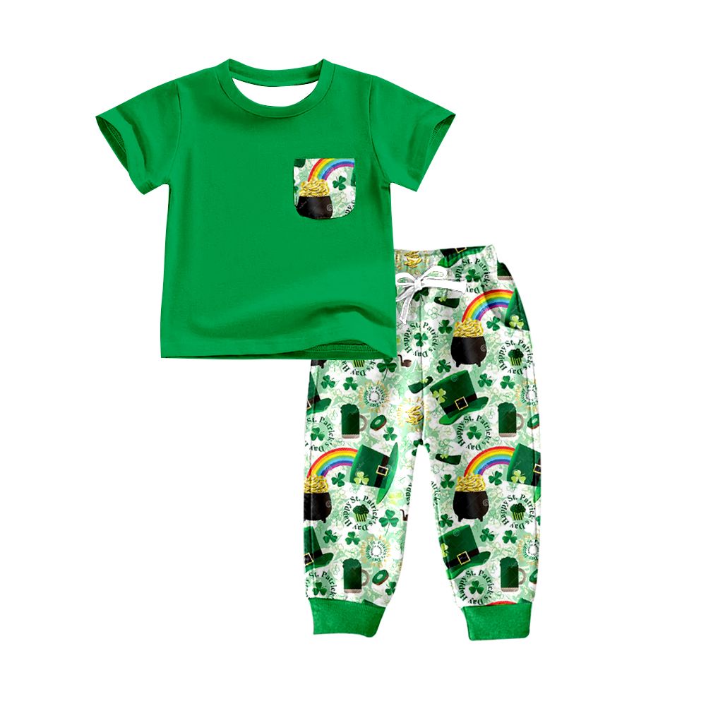 BSPO0286 Hat Gold Coin Clover Rainbow Pocket Green Short Sleeve Pants Suit