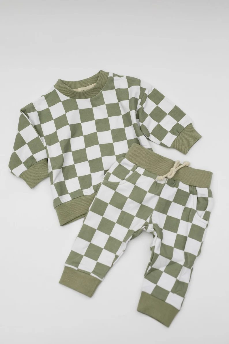 Green and White Plaid Long Sleeve Trousers Suit