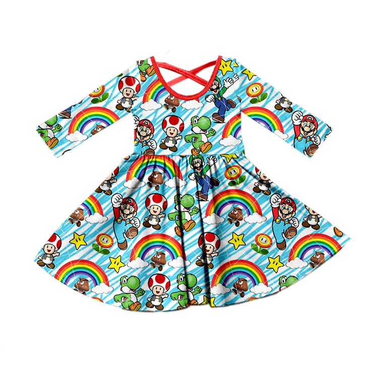 Mario Mushroom Rainbow Red Blue Long Sleeve Dress