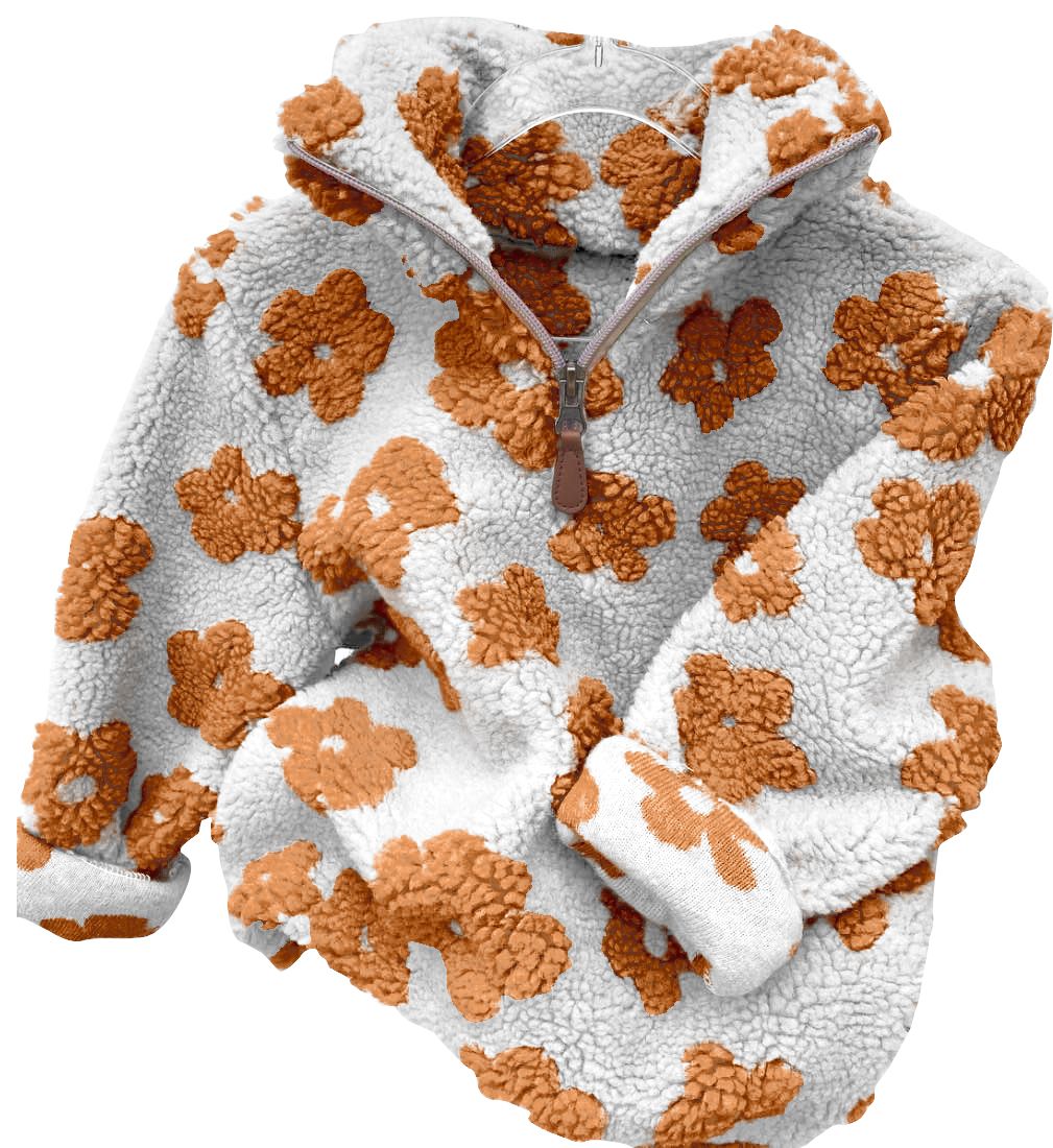 Orange Floral White Zip Long Sleeve Top