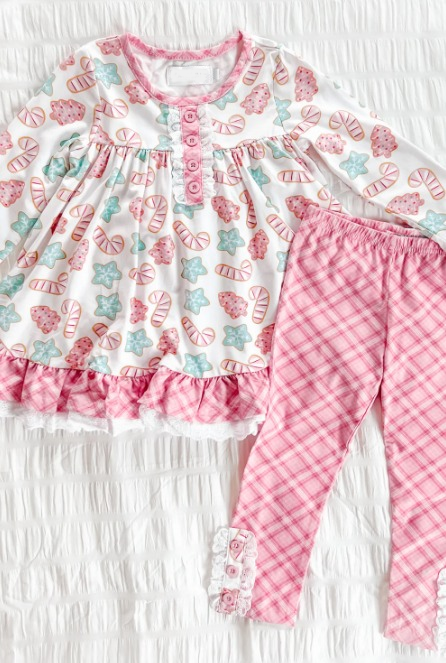 custom moq 5 eta 6-8weeks GLP0876 Christmas tree snowflake walking stick pink lace long sleeve trousers suit