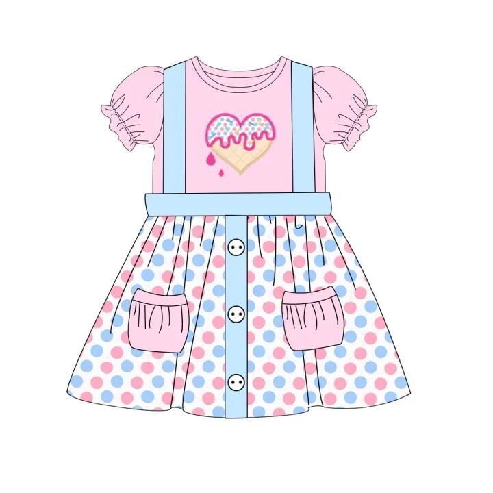 GSD0676 Love ice cream short-sleeved powder blue polka dot suspender skirt suit