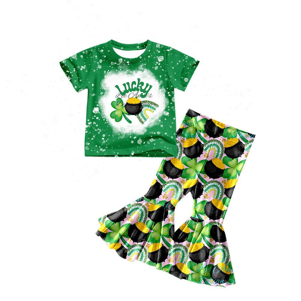 GSPO1204 lucky rainbow four-leaf clover green short-sleeved trousers suit