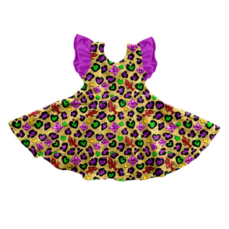 GSD0646 Carnival crayfish purple and green leopard print flying sleeve dress