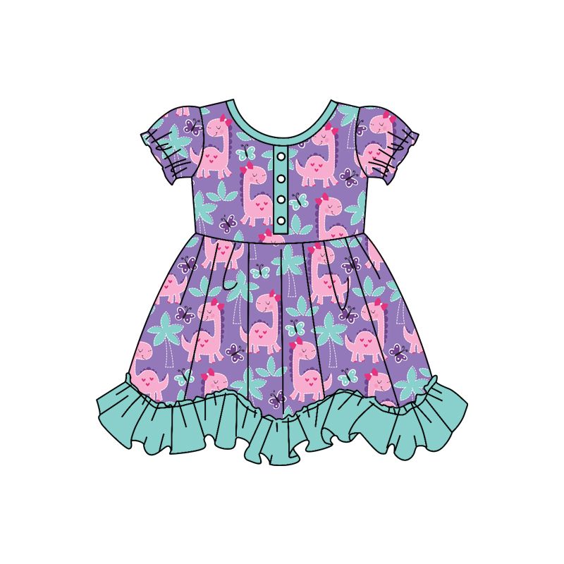 GSD0677 Butterfly Dinosaur Blue Green Lace Purple Short Sleeve Dress