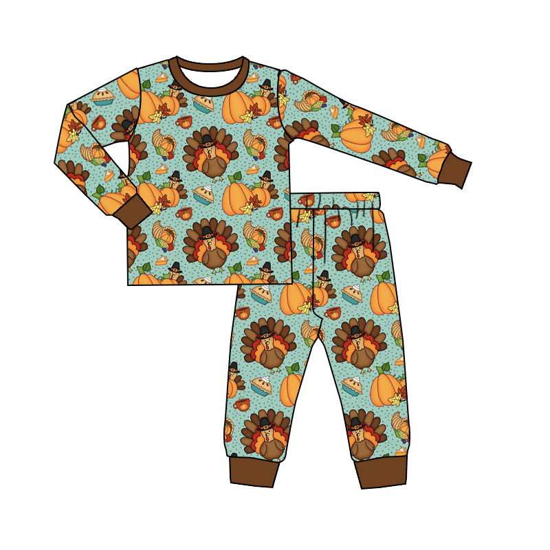 Pumpkin Turkey Blue Brown Long Sleeve Pantsuit