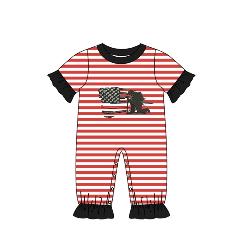 SR0566 Flag firefighter red and white striped lace short-sleeved jumpsuit