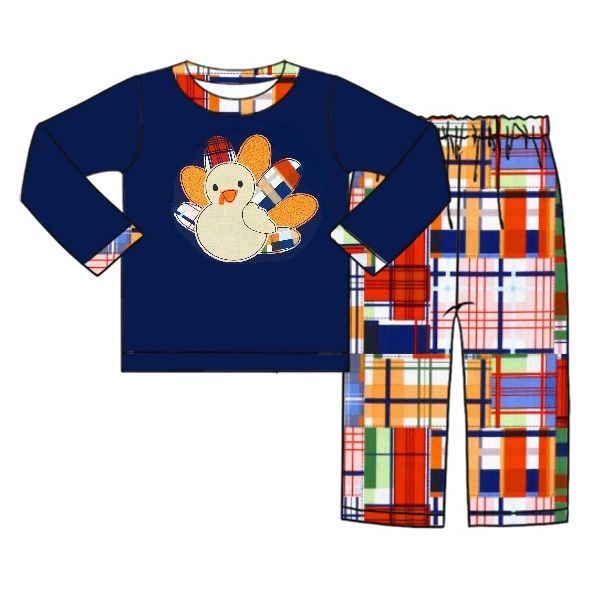 Turkey Plaid Navy Long Sleeve Trouser Set