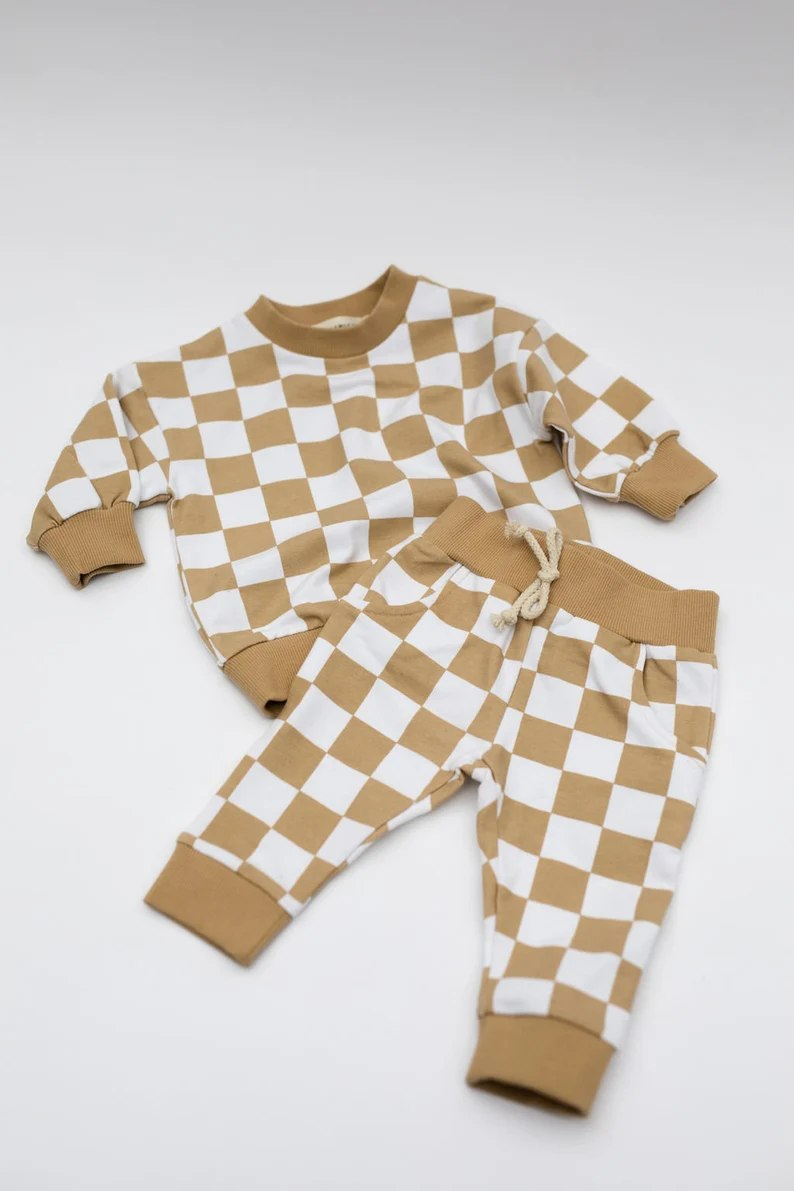 Khaki White Plaid Long Sleeve Trousers Set