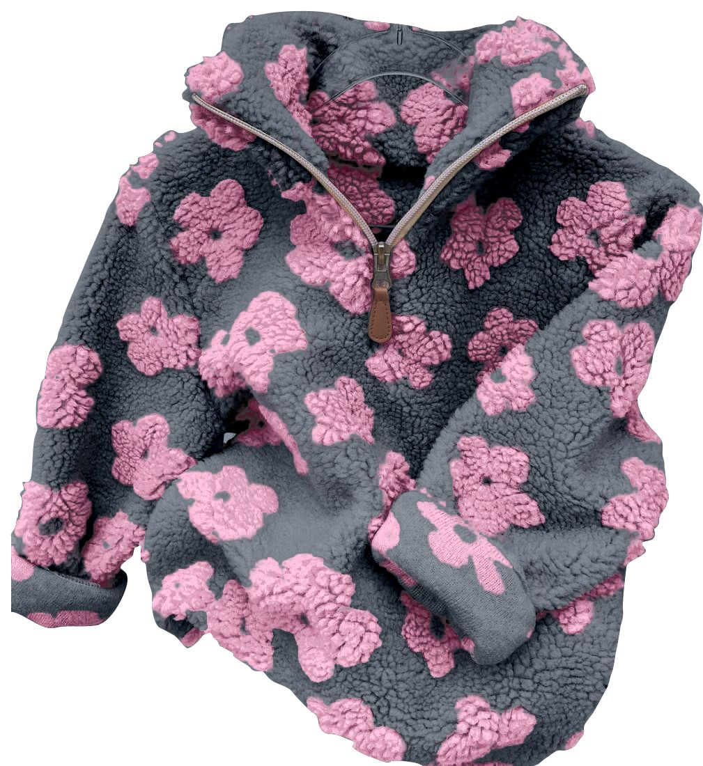 Pink Floral Gray Zipper Long Sleeve Top