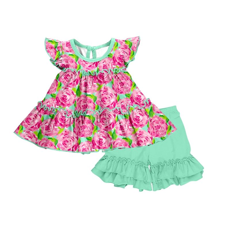 GSSO0615 floral turquoise flying sleeve shorts suit