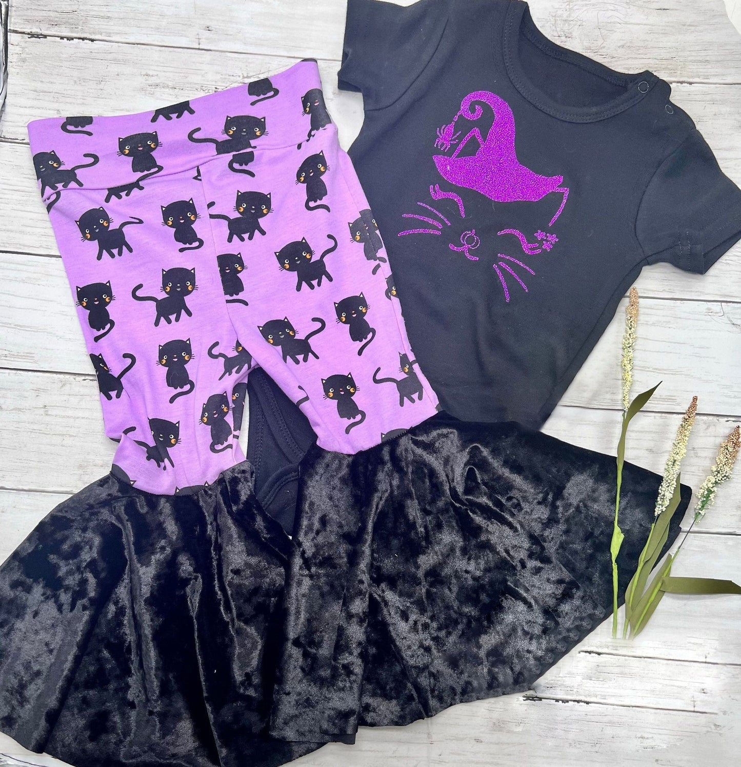Kitten Black Short Sleeve Purple Black Velvet Trouser Set