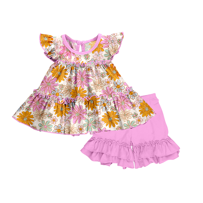 GSSO0616 Floral beige flying sleeve pink and purple shorts suit