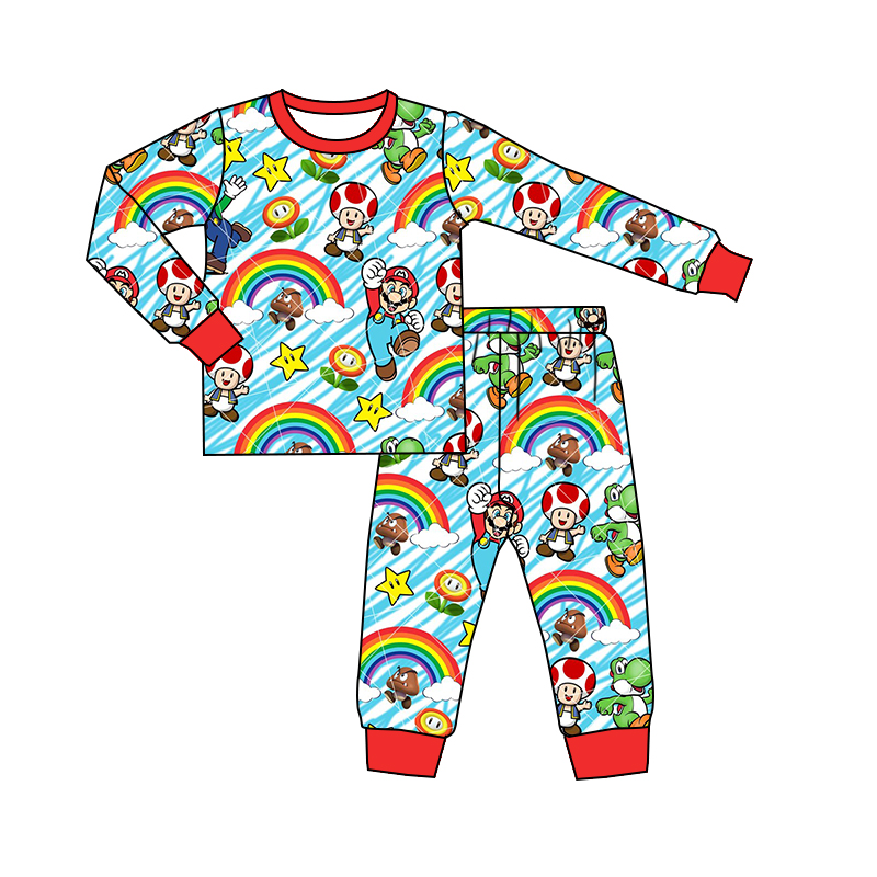 Mario Mushroom Rainbow Red Blue Long Sleeve Pant Set