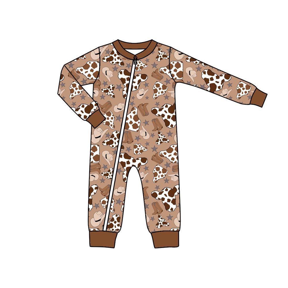 LR0678 Cow Print Stars Cowboy Hat Boots Brown Zipper Long Sleeve Bodysuit