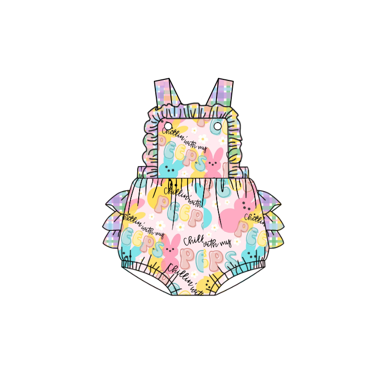 SR0589 peeps flower rabbit colorful plaid lace vest jumpsuit