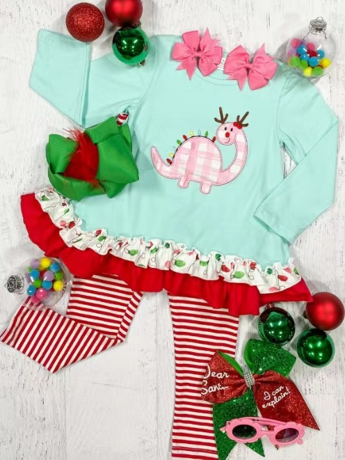 GLP0919 Dinosaur green long-sleeved red and white striped trousers suit