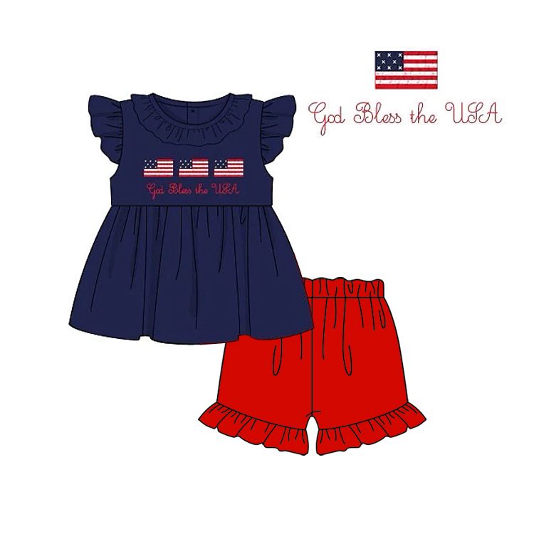 Flag Embroidery 4th of July Girls Outfit