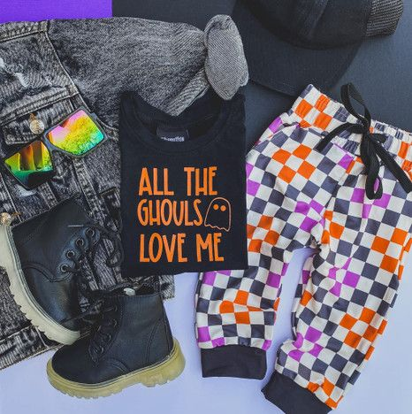 all the ghouls love me letter ghost black short-sleeved plaid trouser suit