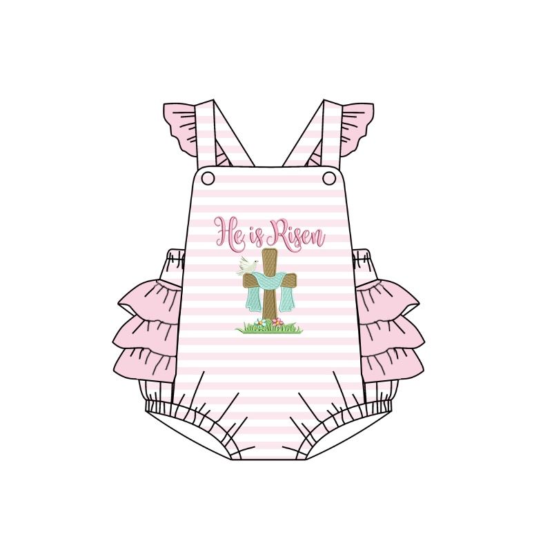 SR0564 he is risen cross pink and white striped lace vest jumpsuit