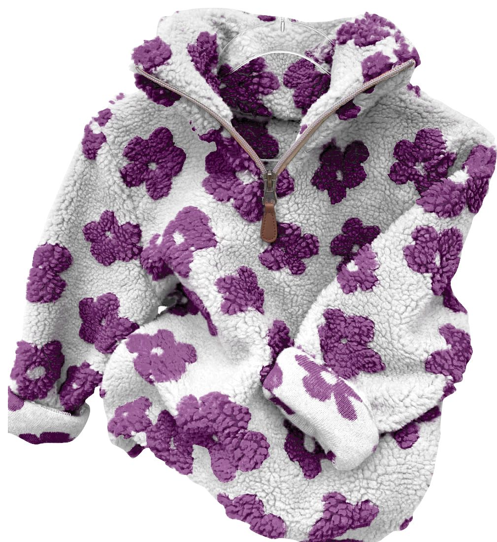 Purple Flower White Zip Long Sleeve Top