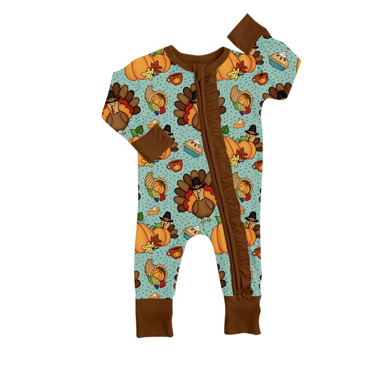 Pumpkin Turkey Blue Brown Lace Zip Long Sleeve Bodysuit