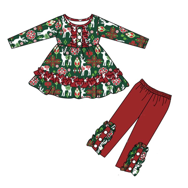 GLP0757 Reindeer Red Lace Green Long Sleeve Trouser Set