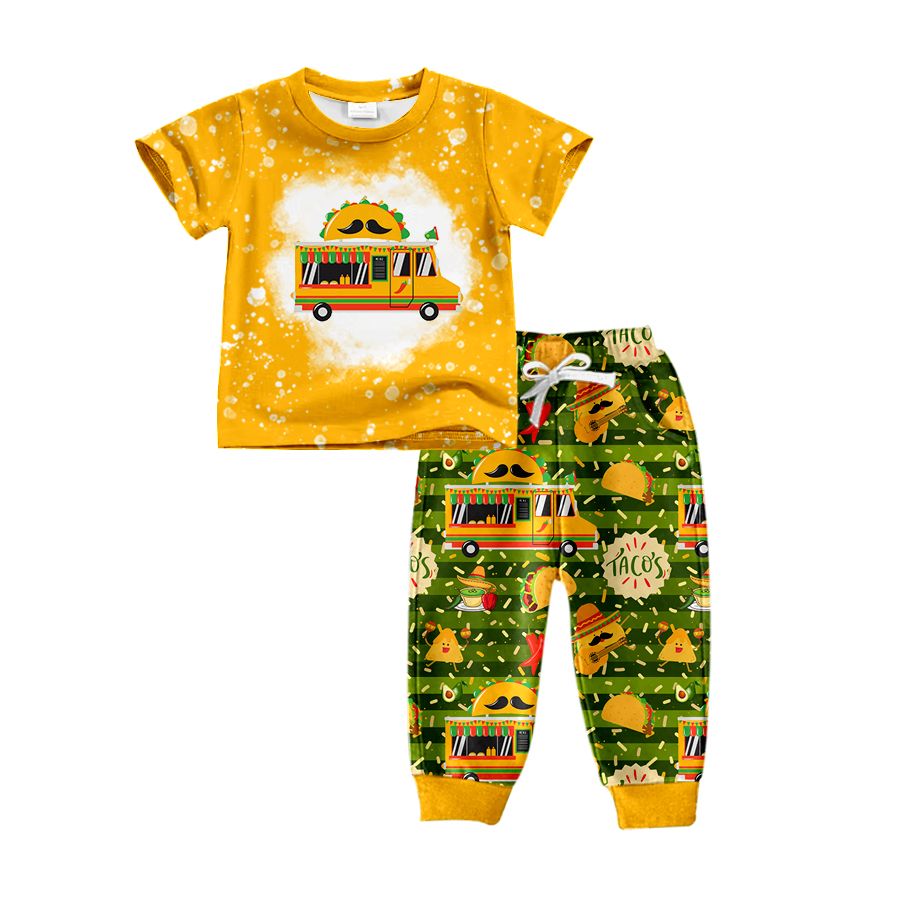 BSPO0289 taco boys burrito cart orange short sleeve green striped pants suit