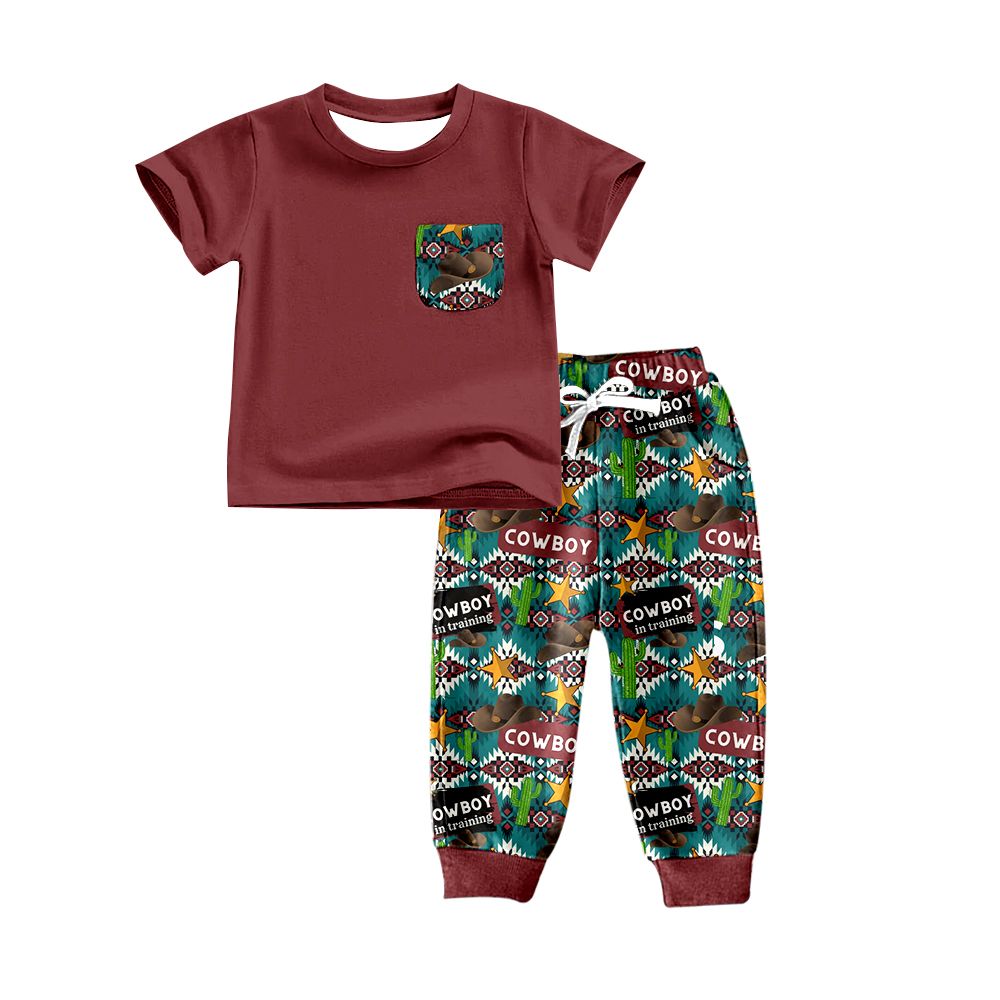 BSPO0264 cowboy cowboy hat cactus geometric pattern pocket short-sleeved trousers suit