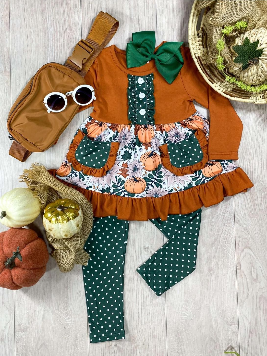 Pumpkin Blossom Brown Lace Pocket Long Sleeve Polka Dot Green Pantsuit