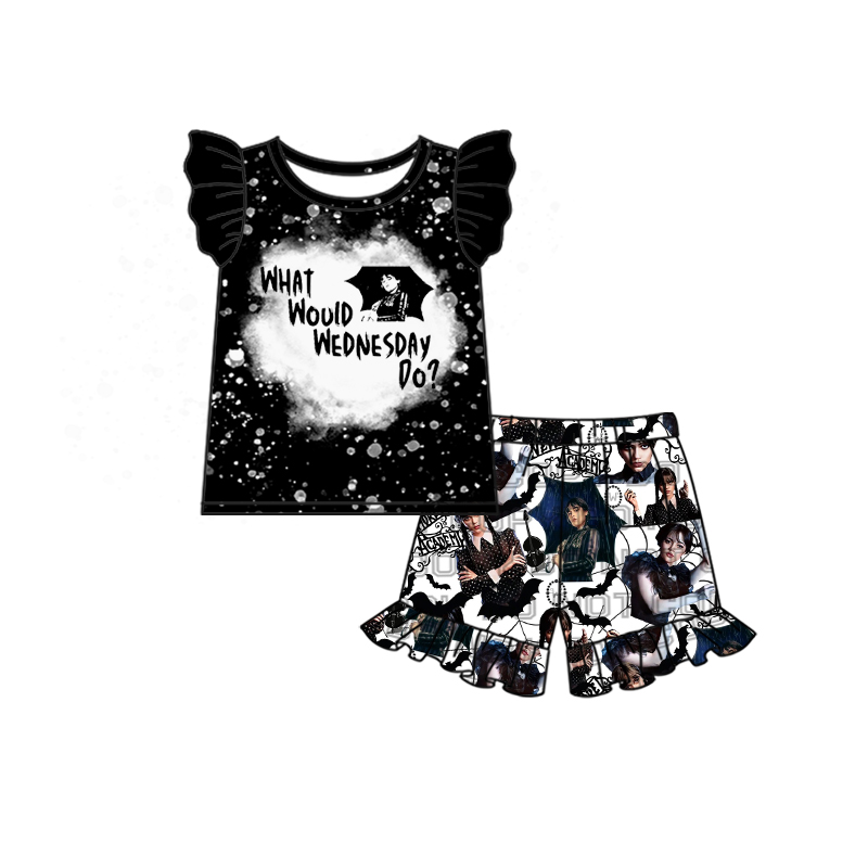 Girls WEDNESDAY Black Flying Sleeve Shorts Set