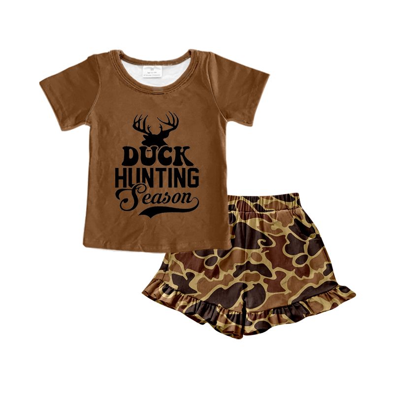 GSSO0393 duck hunting season letter brown short sleeve camouflage lace shorts suit
