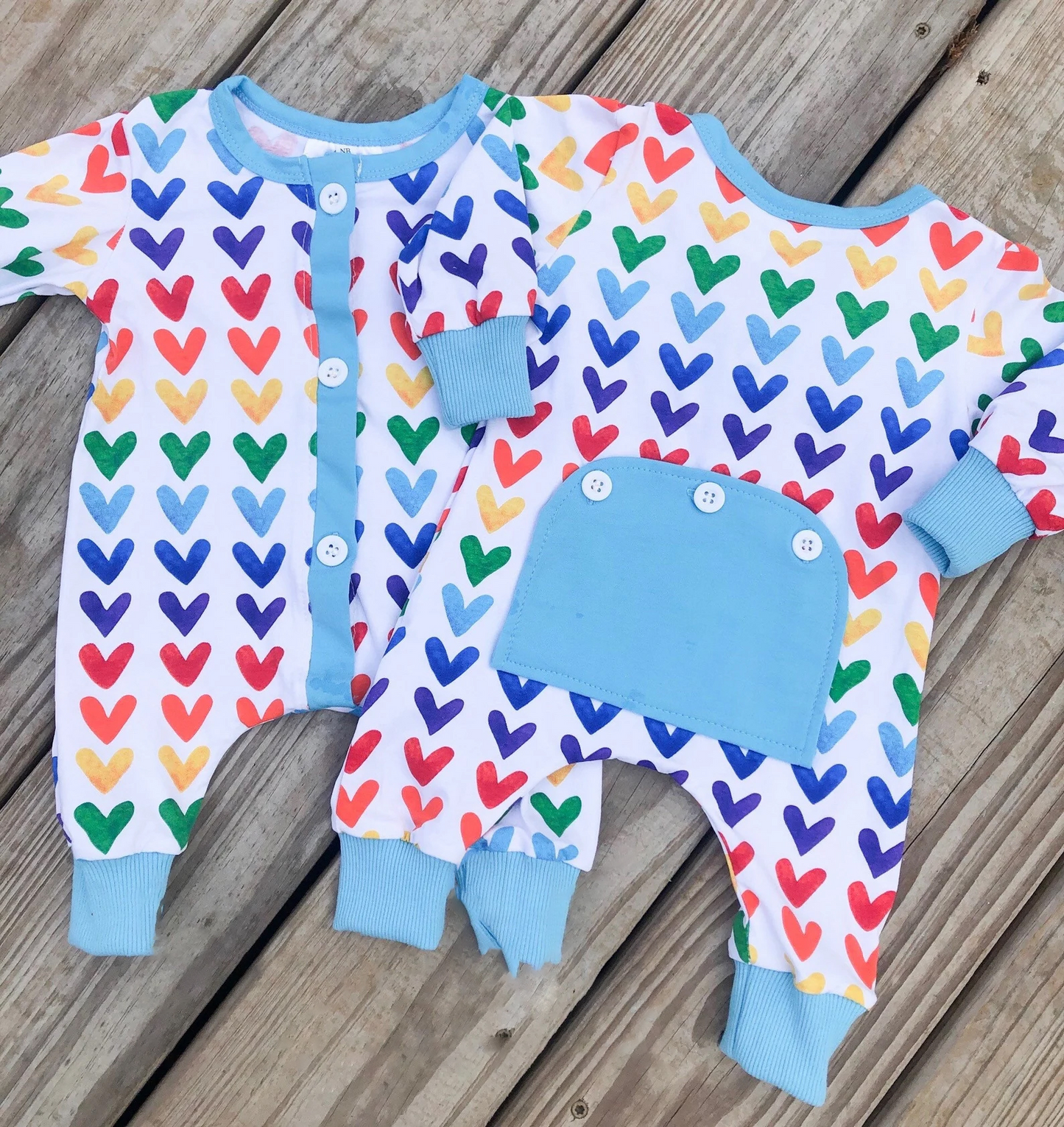 LR0825 Colorful love blue and white long-sleeved jumpsuit