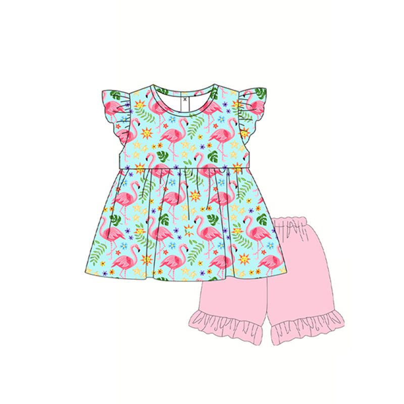 GSSO0745 Flamingo Star Flowers and Flying Sleeves Pink Shorts Suit