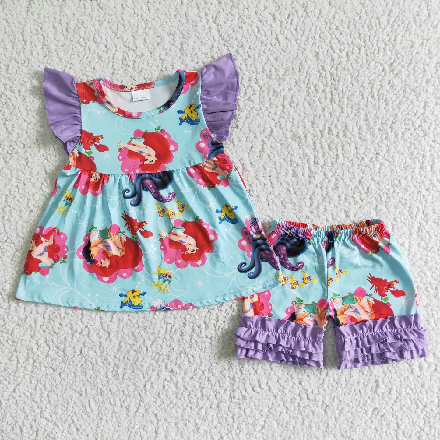 Cute Clothes B16-21 Baby Girls Purple Flutter Sleeve Top And Shorts Summer Outfit