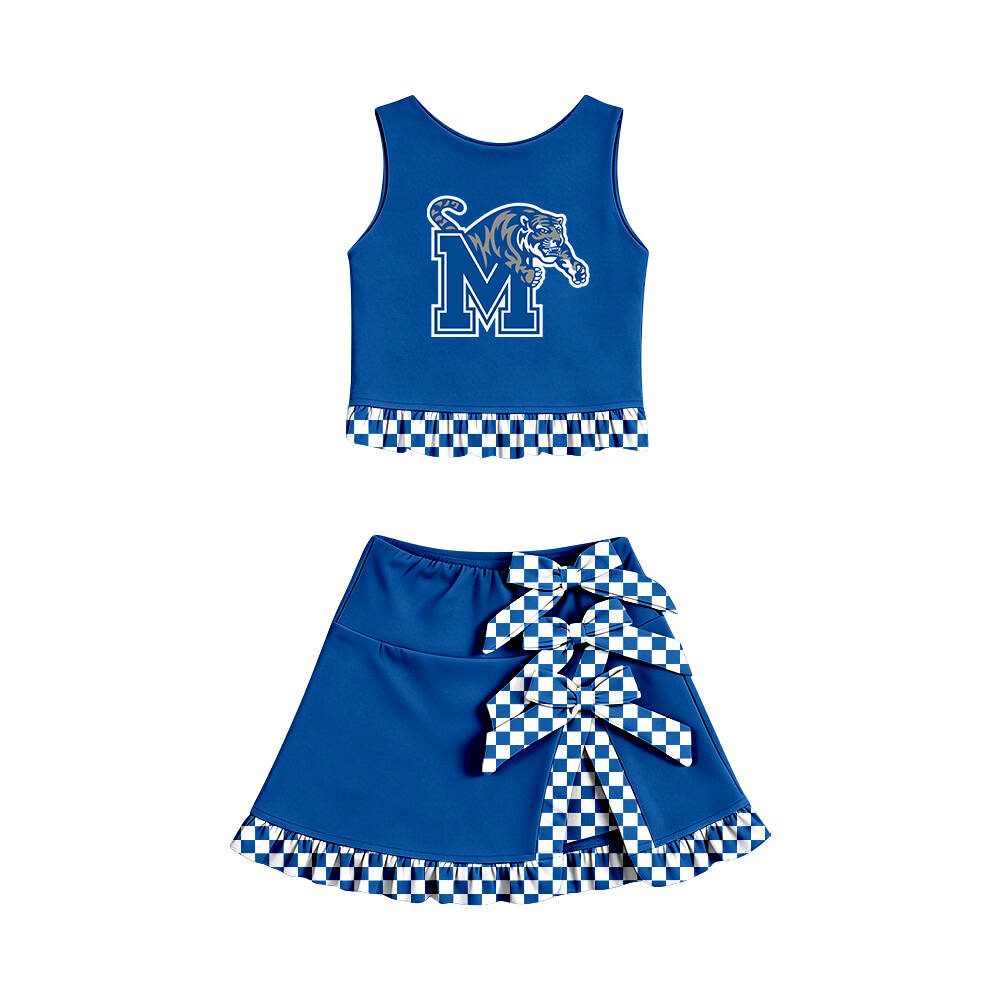 Custom moq 5 mix size summer teams Baby Girls Blue Sleeveless Vest Top Bow Scallop Edge Skort Yoga Active Clothes Sets