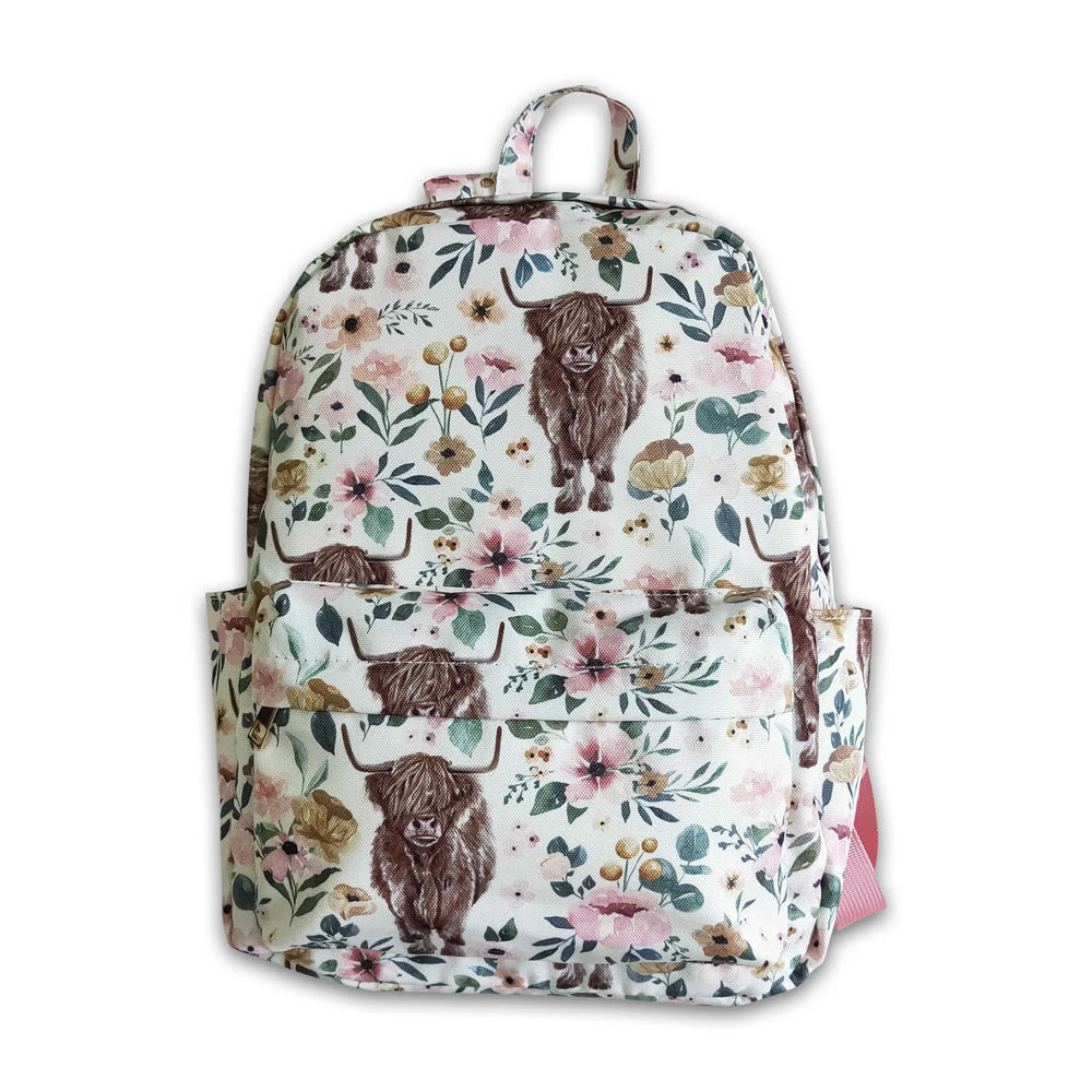 RTS NO MOQ Sibling milk silk Cute Clothes Baby Kids Western Cow Pink Floral Print Strap Zip Backpack Bag