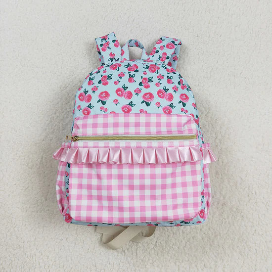 Best Sell RTS Baby Kids Girls Backpack Pink Flowers Checkered Design Zipper Closure Fashionable Kids Bag
