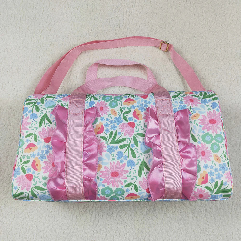 Best Sell RTS Children's Pink Ruffle Floral Print Gym Duffle Bag Kids Storage Organizer with Handles for Sports And Travel
