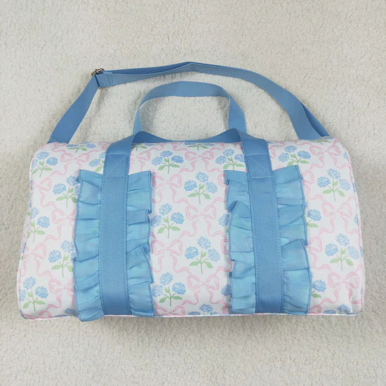 Best Sell RTS Children's Blue Ruffle Gym Duffle Bag with Pink Bows Plaid Floral Design for Girls Sports Travel Storage Bag